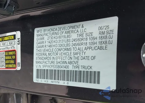 2025 Honda Ridgeline Rtl z USA, uszkodzony, nr VIN 5FPYK3F53SB041400